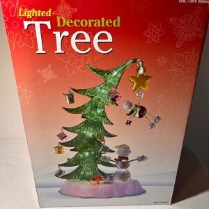 Lighted Acrylic Christmas Tree Snowman & Presents, LED, Battery, Original Box